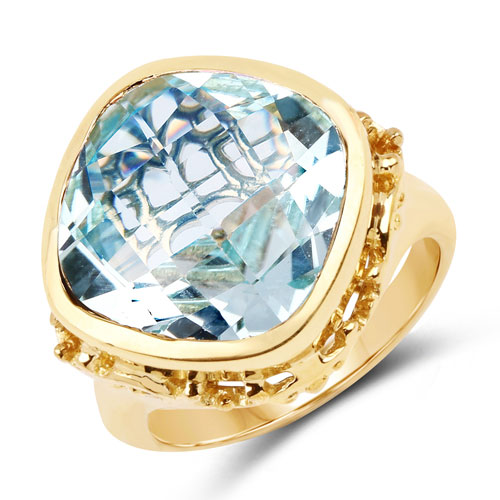 Rings-14K Yellow Gold Plated 12.90 Carat Genuine Blue Topaz .925 Sterling Silver Ring