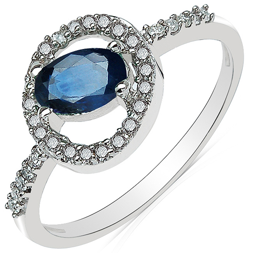 0.73 Carat Blue Sapphire & White Diamond 10K White Gold Ring