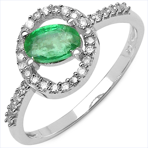 Emerald-0.63 Carat Emerald & White Diamond 10K White Gold Ring