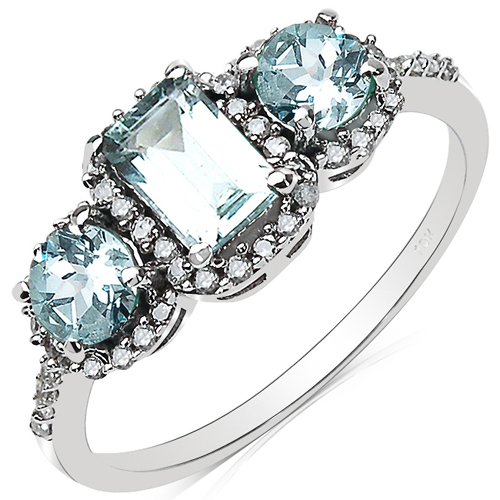 Rings-1.28 Carat Genuine Aquamarine & White Diamond 10K White Gold Ring