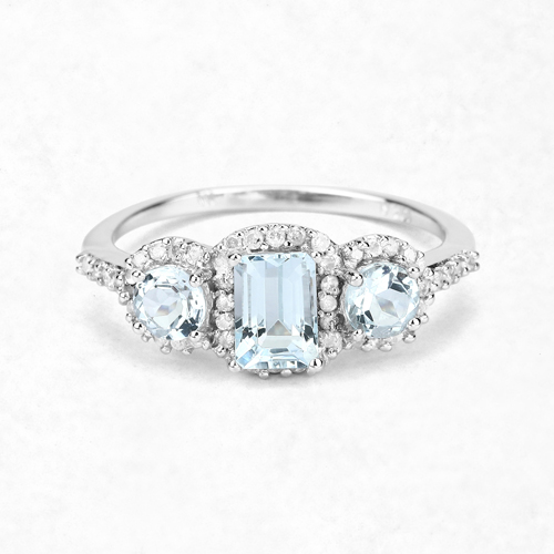 1.26 Carat Genuine Aquamarine and White Diamond 10K White Gold Ring