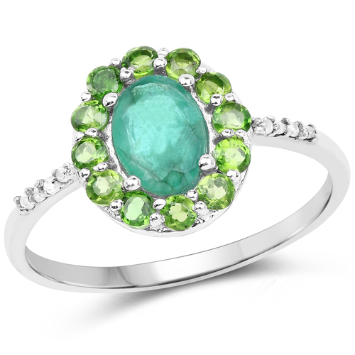 Emerald-1.16 Carat Genuine Emerald, Chrome Diopside & White Diamond 10K White Gold Ring