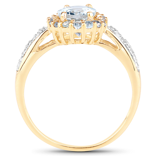 14K Yellow Gold Plated 1.46 Carat Genuine Aquamarine & White Topaz .925 Sterling Silver Ring