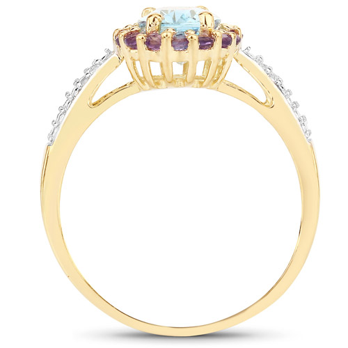 14K Yellow Gold Plated 1.93 Carat Genuine Blue Topaz, Amethyst and White Topaz .925 Sterling Silver Ring