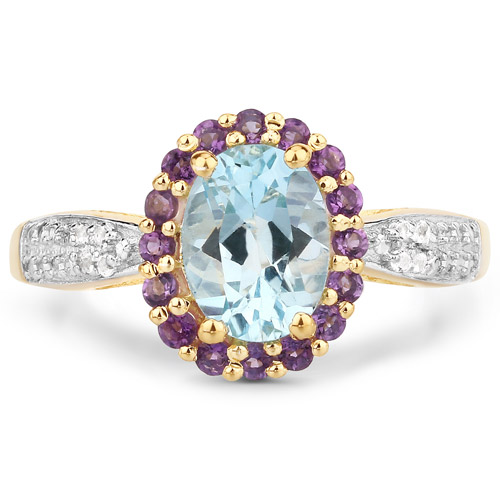 14K Yellow Gold Plated 1.93 Carat Genuine Blue Topaz, Amethyst and White Topaz .925 Sterling Silver Ring