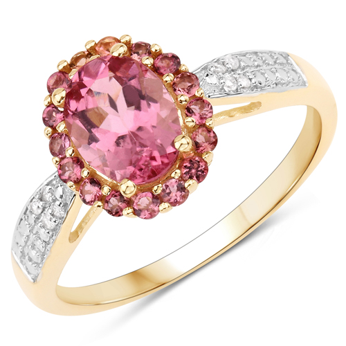 Rings-1.51 Carat Genuine Pink Tourmaline and White Diamond 10K Yellow Gold Ring
