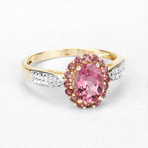 1.51 Carat Genuine Pink Tourmaline and White Diamond 10K Yellow Gold Ring