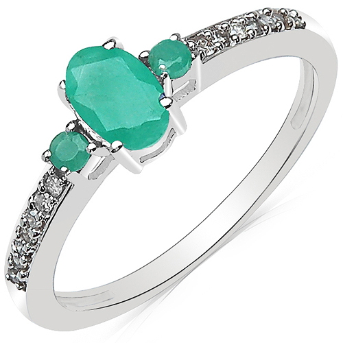 Emerald-0.59 Carat Emerald & White Diamond 10K White Gold Ring