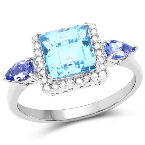 Rings-2.57 Carat Genuine Swiss Blue Topaz, Tanzanite & White Diamond 10K White Gold Ring