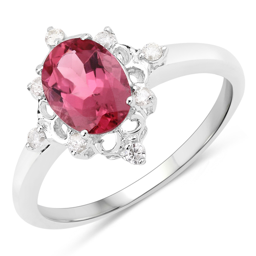 Rings-1.28 Carat Genuine Pink Tourmaline and White Diamond 10K White Gold Ring