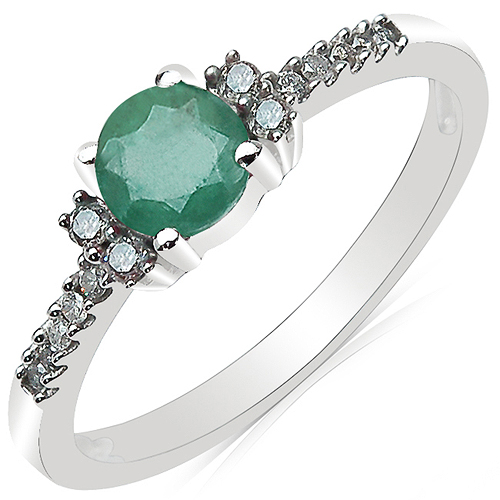 Emerald-0.57 Carat Emerald & White Diamond 10K White Gold Ring