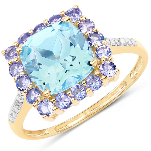 Rings-3.23 Carat Genuine Swiss Blue Topaz, Tanzanite and White Diamond 10K Yellow Gold Ring