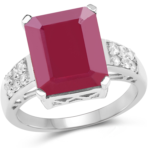 Ruby-7.26 Carat Glass Filled Ruby and White Topaz .925 Sterling Silver Ring
