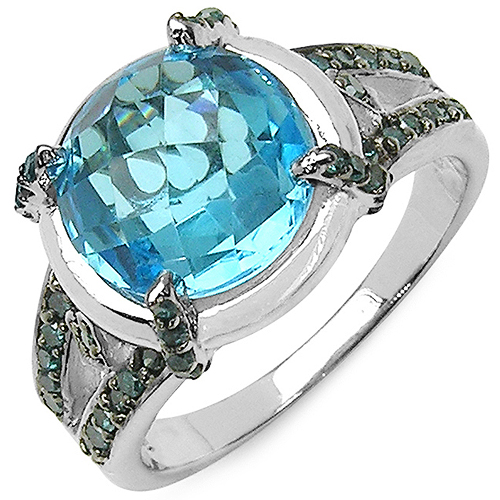 Rings-5.43 Carat Genuine Swiss Blue Topaz & Blue Diamond .925 Sterling Silver Ring