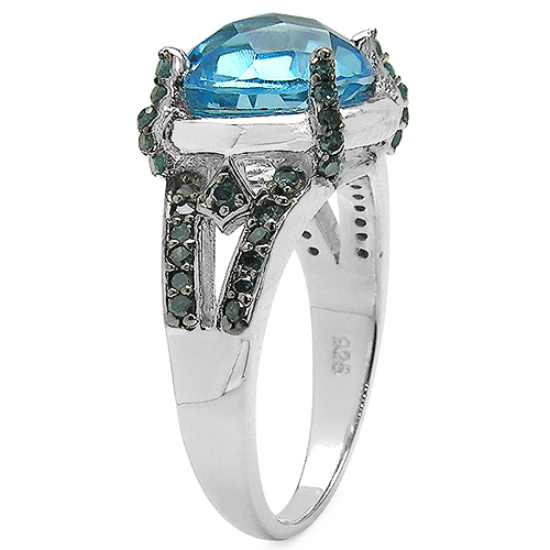 5.43 Carat Genuine Swiss Blue Topaz & Blue Diamond .925 Sterling Silver Ring