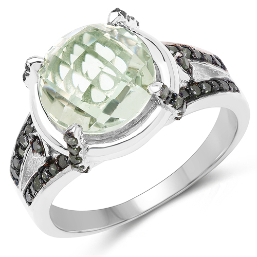 Amethyst-4.06 Carat Genuine Green Amethyst, Green Diamond & White Diamond .925 Sterling Silver Ring