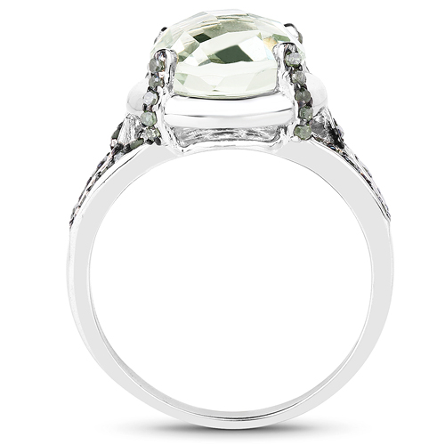 4.06 Carat Genuine Green Amethyst, Green Diamond & White Diamond .925 Sterling Silver Ring