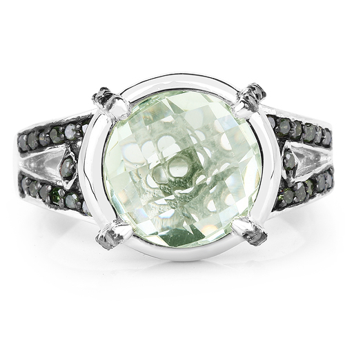 4.06 Carat Genuine Green Amethyst, Green Diamond & White Diamond .925 Sterling Silver Ring