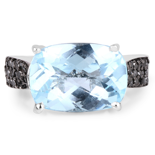 3.96 Carat Genuine Baby Swiss Blue Topaz and Black Diamond .925 Sterling Silver Ring