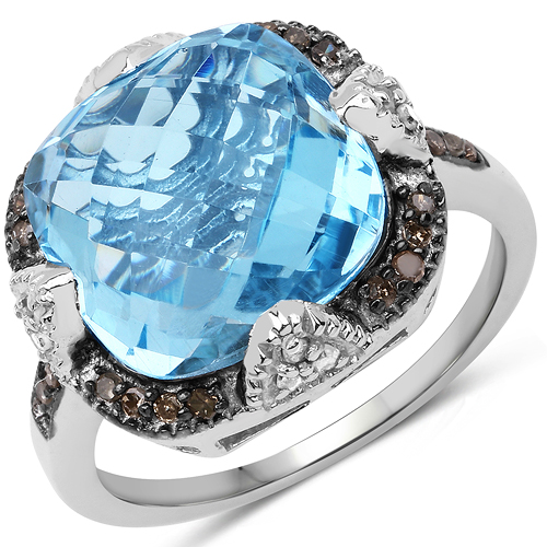 Rings-8.29 Carat Genuine Swiss Blue Topaz, Champagne Diamond and White Diamond .925 Sterling Silver Ring