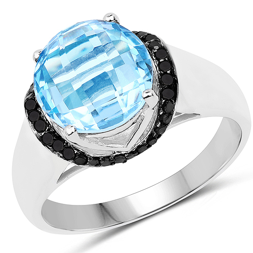 Rings-4.94 Carat Genuine Baby Swiss Blue Topaz and Black Diamond .925 Sterling Silver Ring