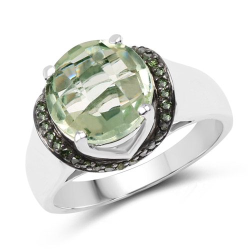 Amethyst-3.95 Carat Genuine Green Amethyst and Green Diamond .925 Sterling Silver Ring