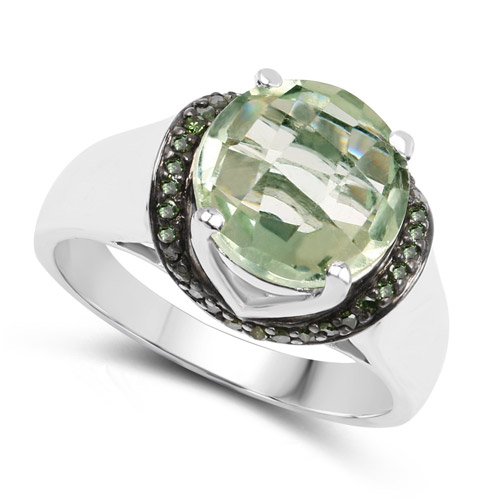 3.95 Carat Genuine Green Amethyst and Green Diamond .925 Sterling Silver Ring