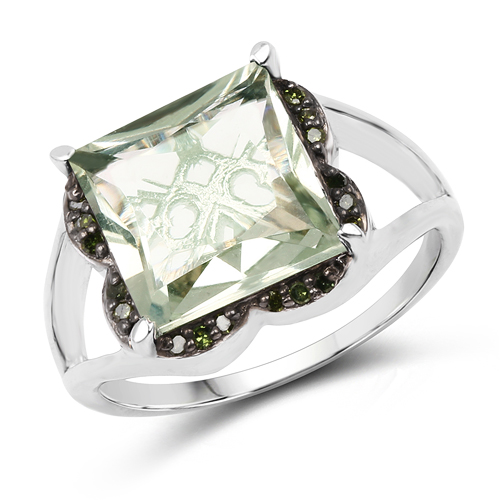 Amethyst-4.63 Carat Genuine Green Amethyst & Green Diamond .925 Sterling Silver Ring