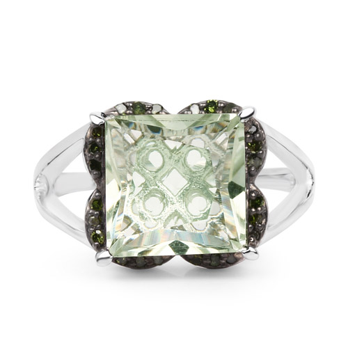 4.63 Carat Genuine Green Amethyst & Green Diamond .925 Sterling Silver Ring