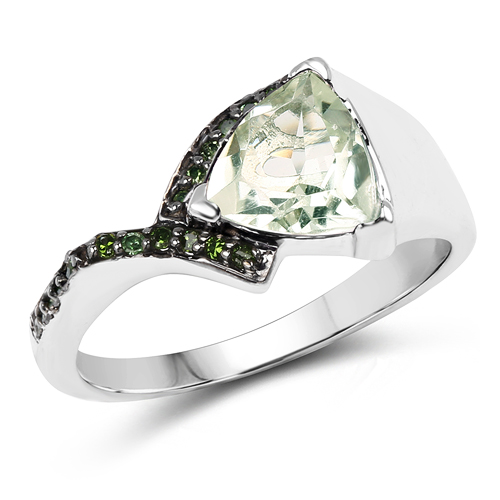 Amethyst-1.64 Carat Genuine Green Amethyst & Green Diamond .925 Sterling Silver Ring