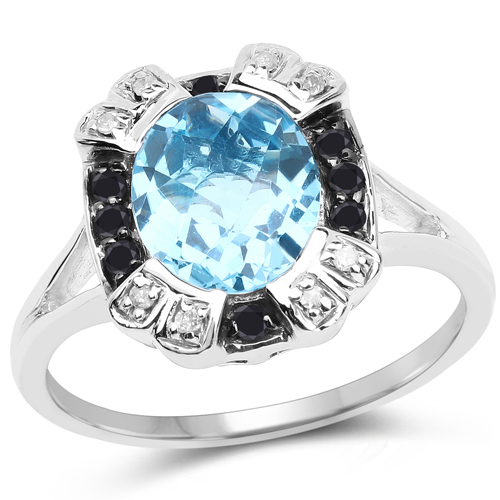 Rings-3.52 Carat Genuine Baby Swiss Blue Topaz, Black Diamond and White Diamond .925 Sterling Silver Ring