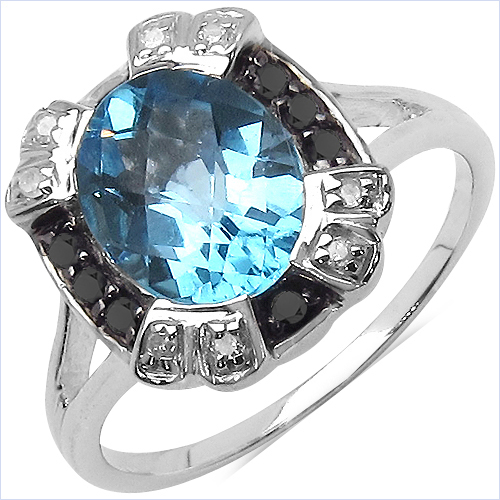 1.91 Carat Genuine Swiss Blue Topaz and White Diamond .925 Sterling Silver Ring