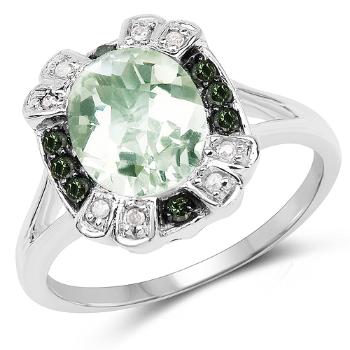 Amethyst-2.82 Carat Genuine Green Amethyst, Green Diamond & White Diamond .925 Sterling Silver Ring