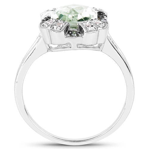 2.82 Carat Genuine Green Amethyst, Green Diamond & White Diamond .925 Sterling Silver Ring