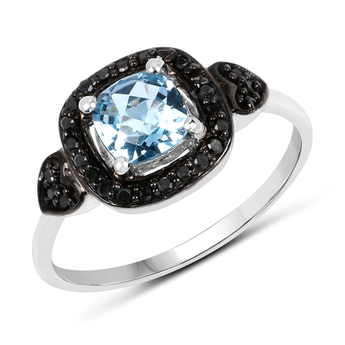 Rings-1.19 Carat Genuine Swiss Blue Topaz & Black Diamond .925 Sterling Silver Ring