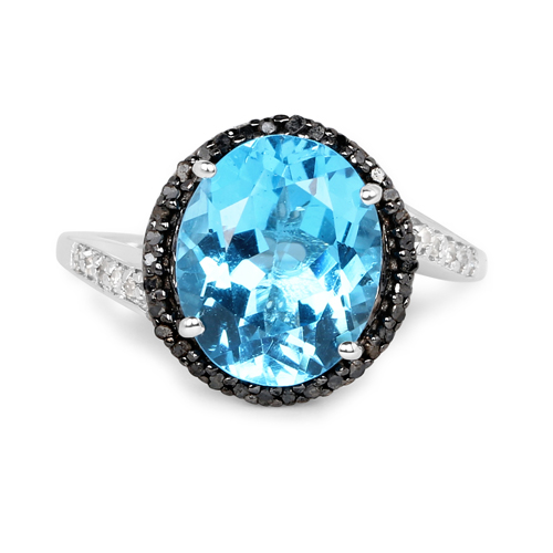 5.48 Carat Genuine Swiss Blue Topaz, Black Diamond and White Diamond .925 Sterling Silver Ring