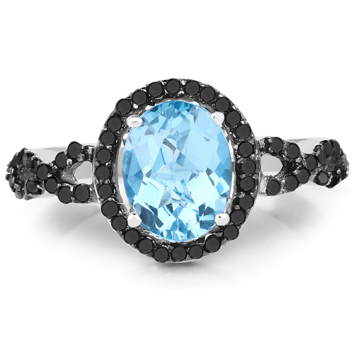 2.92 Carat Genuine Blue Topaz, Black Diamond & White Diamond .925 Sterling Silver Ring