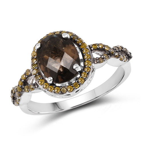 Rings-1.91 Carat Genuine Smoky Quartz & Yellow Diamond .925 Sterling Silver Ring