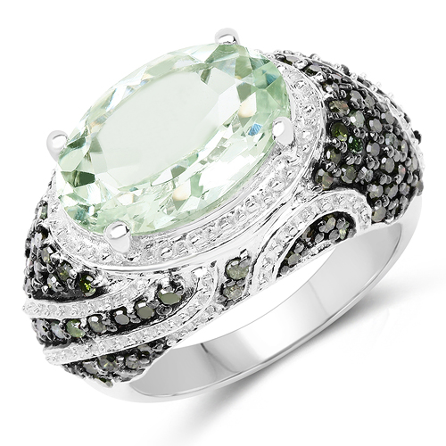 Amethyst-5.98 Carat Genuine Green Amethyst & Green Diamond .925 Sterling Silver Ring