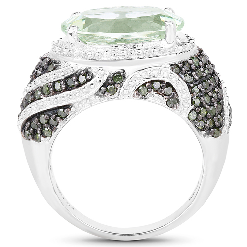 5.98 Carat Genuine Green Amethyst & Green Diamond .925 Sterling Silver Ring