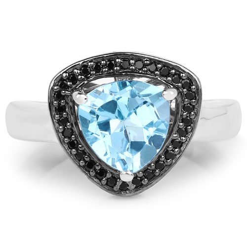2.06 Carat Genuine Baby Swiss Blue Topaz and Black Diamond .925 Sterling Silver Ring