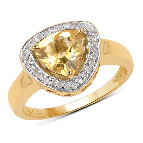 Citrine-14K Yellow Gold Plated 1.67 Carat Genuine Citrine and Champagne Diamond .925 Sterling Silver Ring
