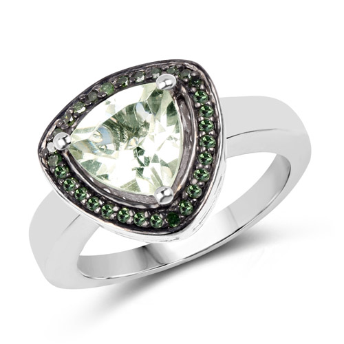 Amethyst-1.66 Carat Genuine Green Amethyst and Green Diamond .925 Sterling Silver Ring