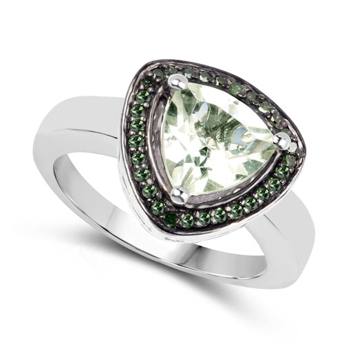 1.66 Carat Genuine Green Amethyst and Green Diamond .925 Sterling Silver Ring