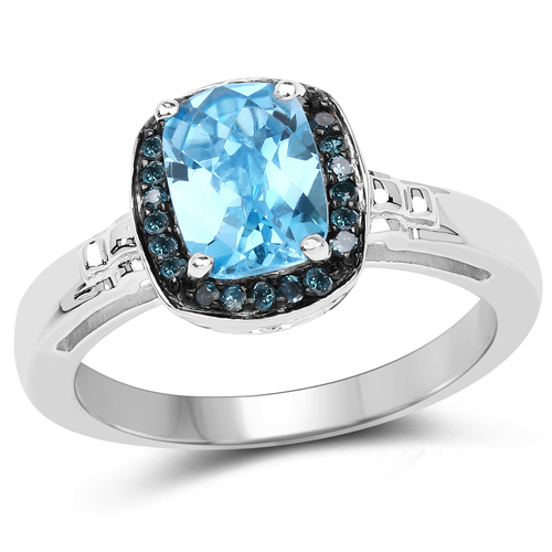Rings-1.97 Carat Genuine Baby Swiss Blue Topaz and Blue Diamond .925 Sterling Silver Ring