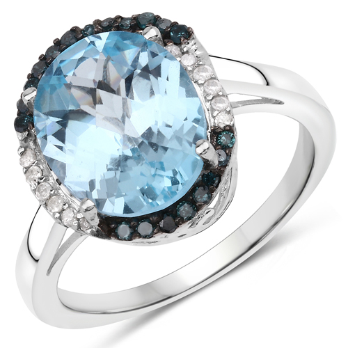 Rings-5.27 Carat Genuine Swiss Blue Topaz, Blue Diamond and White Diamond .925 Sterling Silver Ring