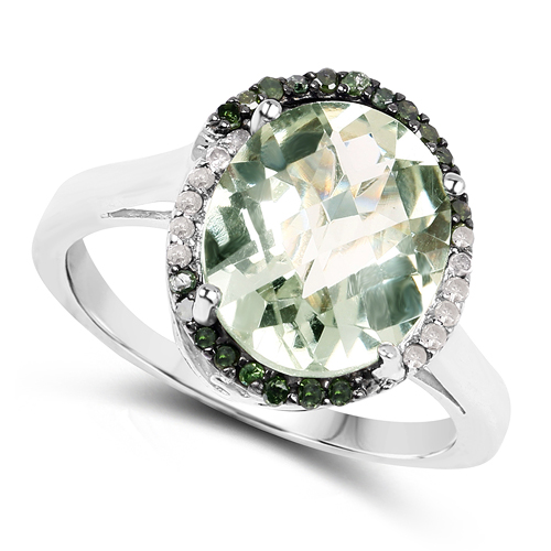 4.42 Carat Genuine Green Amethyst, Green Diamond & White Diamond .925 Sterling Silver Ring