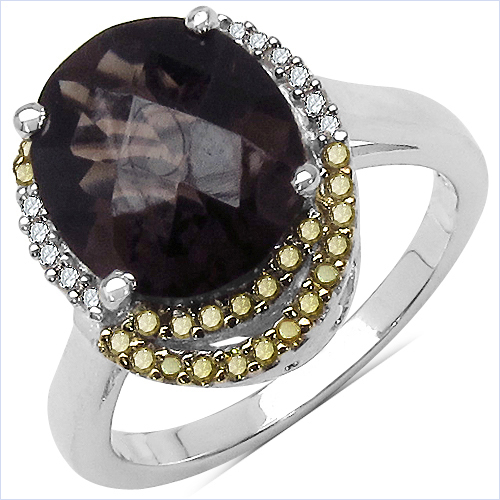 Rings-4.12 Carat Genuine Smoky Quartz and 0.28 ct.t.w Genuine Diamond Accents Sterling Silver Ring