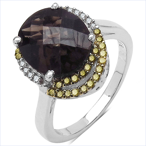 4.12 Carat Genuine Smoky Quartz and 0.28 ct.t.w Genuine Diamond Accents Sterling Silver Ring