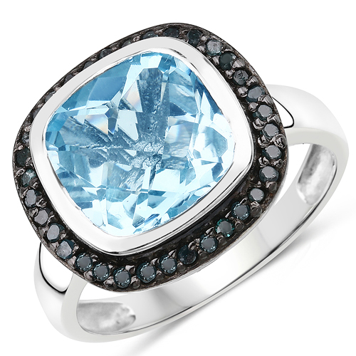 Rings-5.23 Carat Genuine Swiss Blue Topaz and Black Diamond .925 Sterling Silver Ring